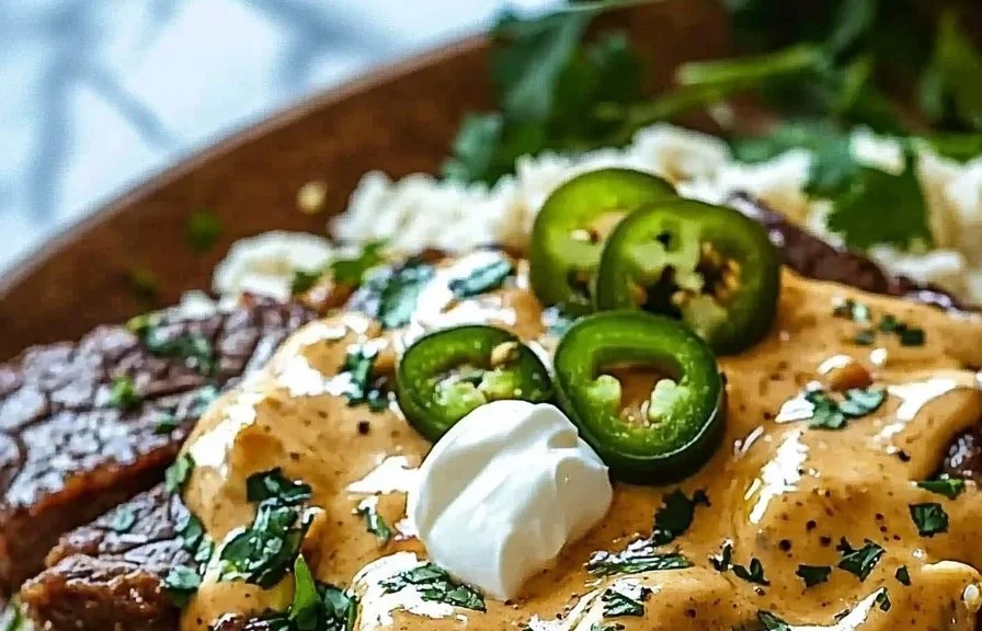 Delicious easy steak queso rice topped with melted cheese.