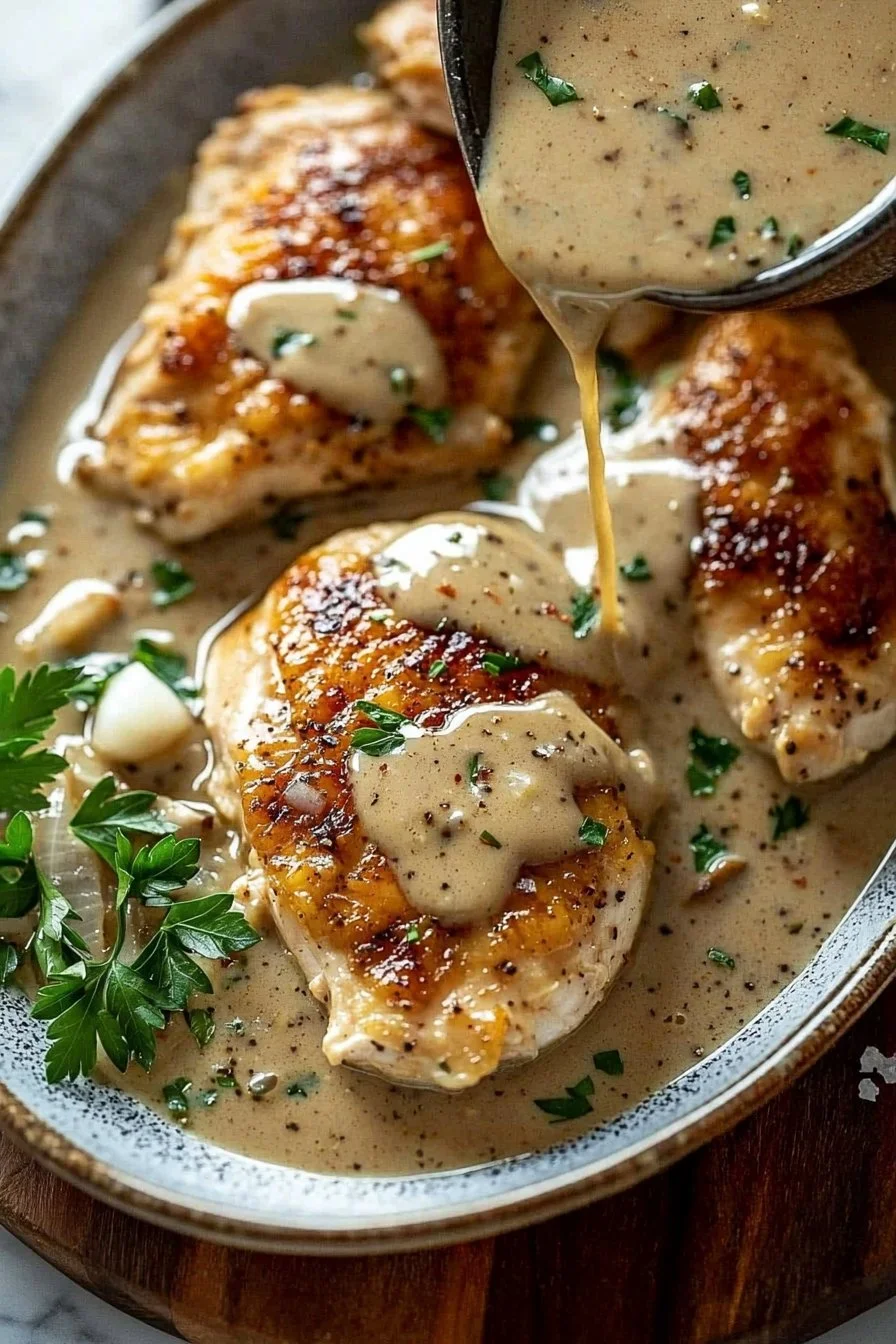 Delicious easy stovetop smothered chicken served on a plate with gravy