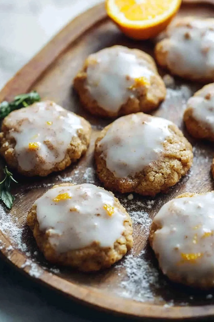Glazed little orange cookies topped with cinnamon and cloves on a plate