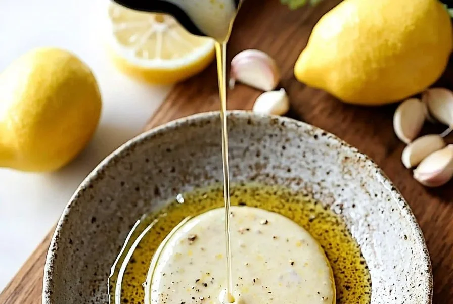 Delicious homemade garlic lemon dressing in a glass jar.