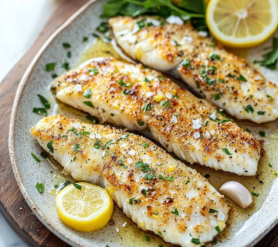 Delicious Lemon-Herb Baked Flounder on a plate garnished with fresh herbs