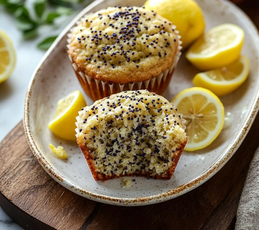 Delicious Lemon Poppyseed Protein Muffins on a wooden table