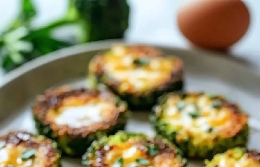 Low-carb crispy broccoli cheese rounds on a plate garnished with herbs