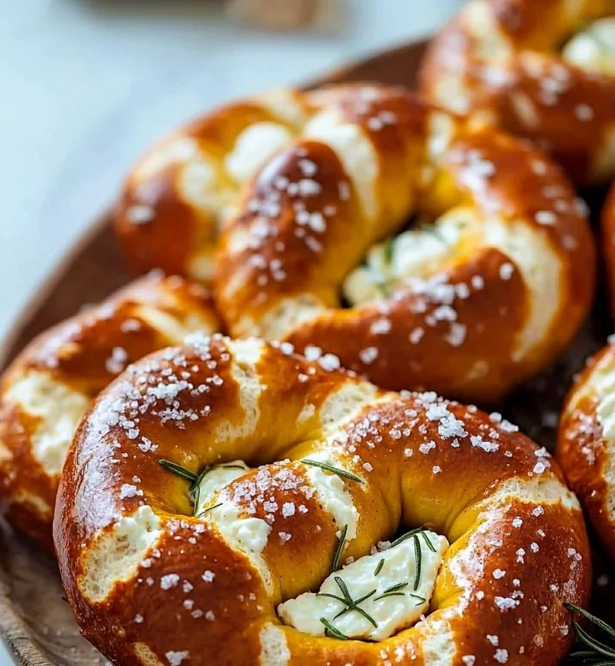 Mozzarella-stuffed rosemary parmesan soft pretzels on a wooden board