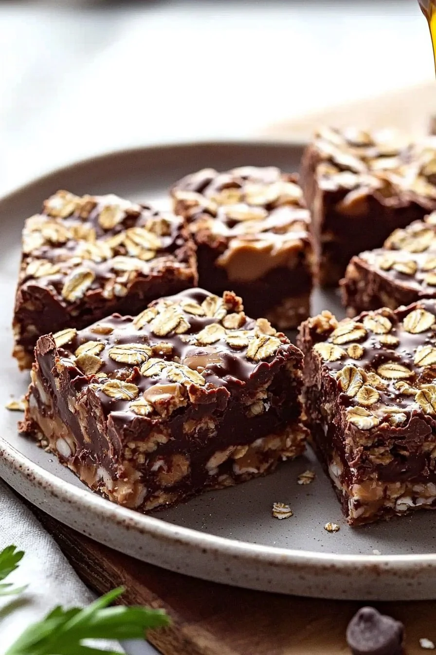 Delicious no-bake chocolate oatmeal bars cut into squares on a plate.