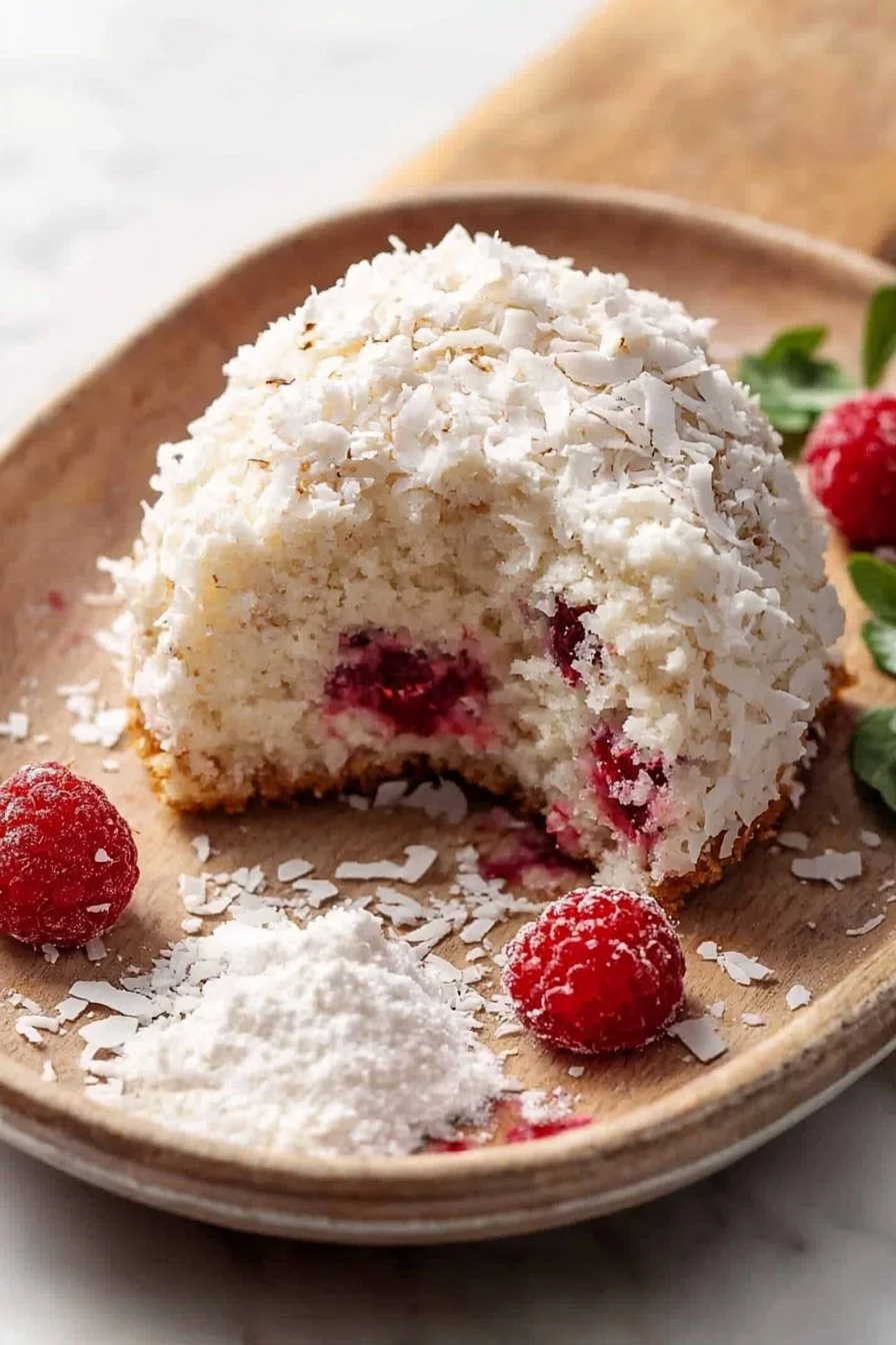 Raspberry Coconut Snowball Cake