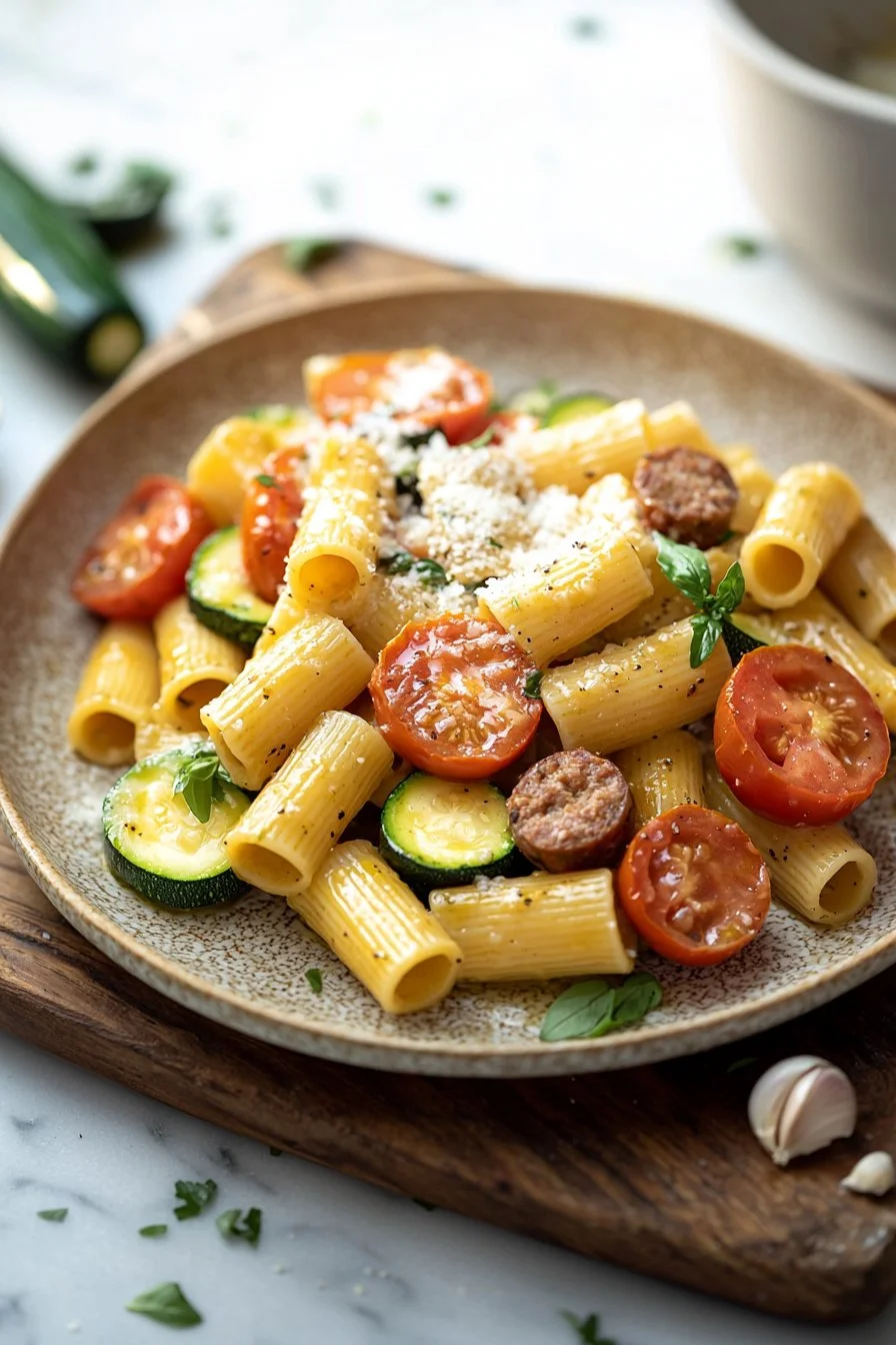 Rigatoni with Chicken Sausage, Tomatoes, and Zucchini
