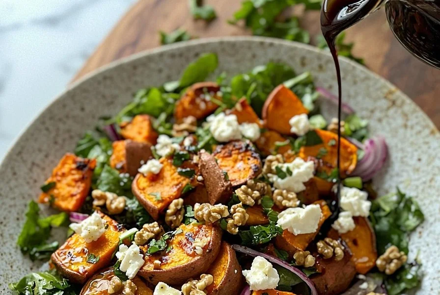 A vibrant roasted sweet potato salad with greens, nuts, and dressing
