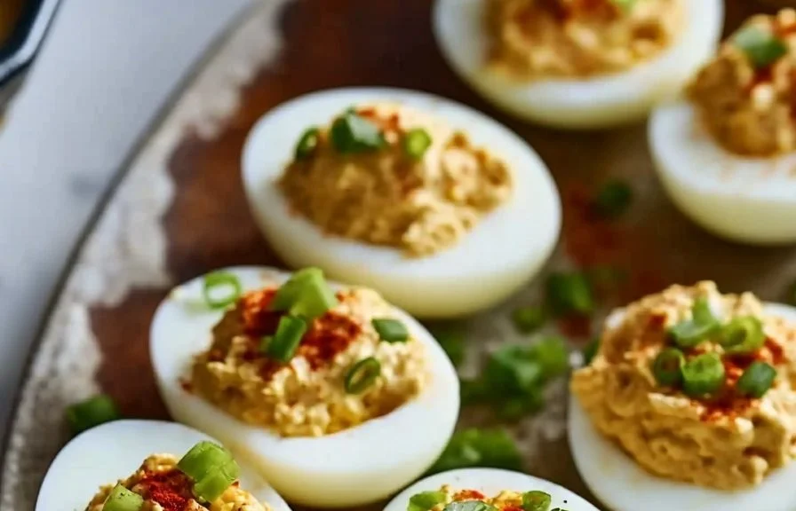 Delicious Spicy Bayou Stuffed Eggs garnished and ready to serve