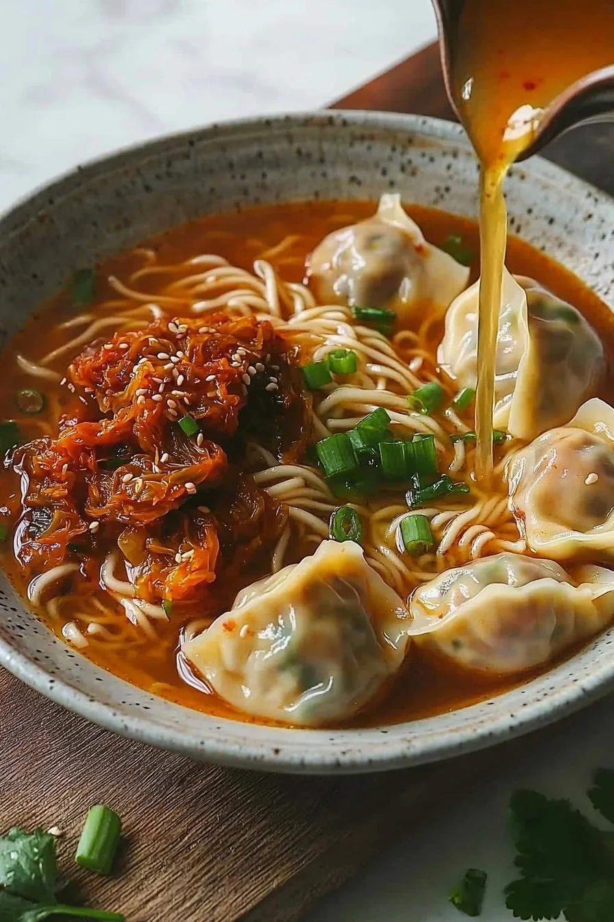 Spicy Fermented Cabbage and Dumpling Noodle Soup