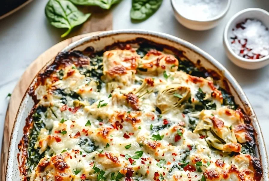 Delicious Spinach Artichoke Chicken Bake served in a dish