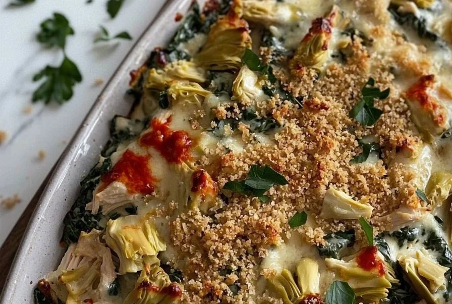 Baked spinach artichoke chicken casserole topped with melted cheese and herbs.
