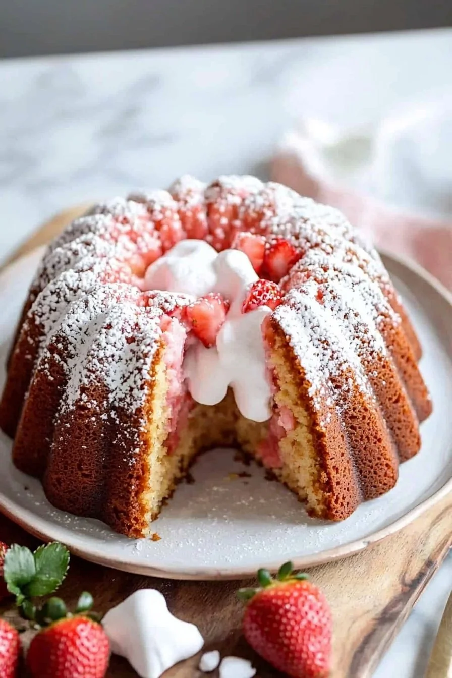 Strawberry Bundt Cake with Marshmallow Cream Filling