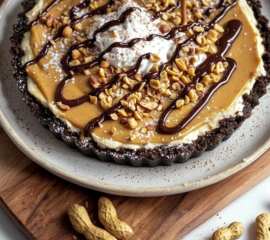 Delicious slice of unbelievable peanut butter pie topped with whipped cream and chocolate drizzles